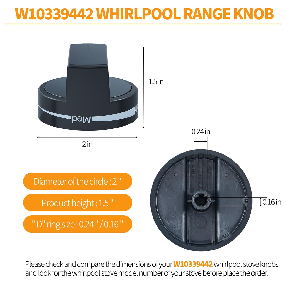 Upgraded W10339442 Stove Knobs Replacement Parts for Whirlpool Gas Range Burner Knob WPW10339442 WFG320M0MS0 WFG505M0MS0 Whirlpool Range Stove Top Cooktop Oven Burner Control Knobs Black 4Pcs
