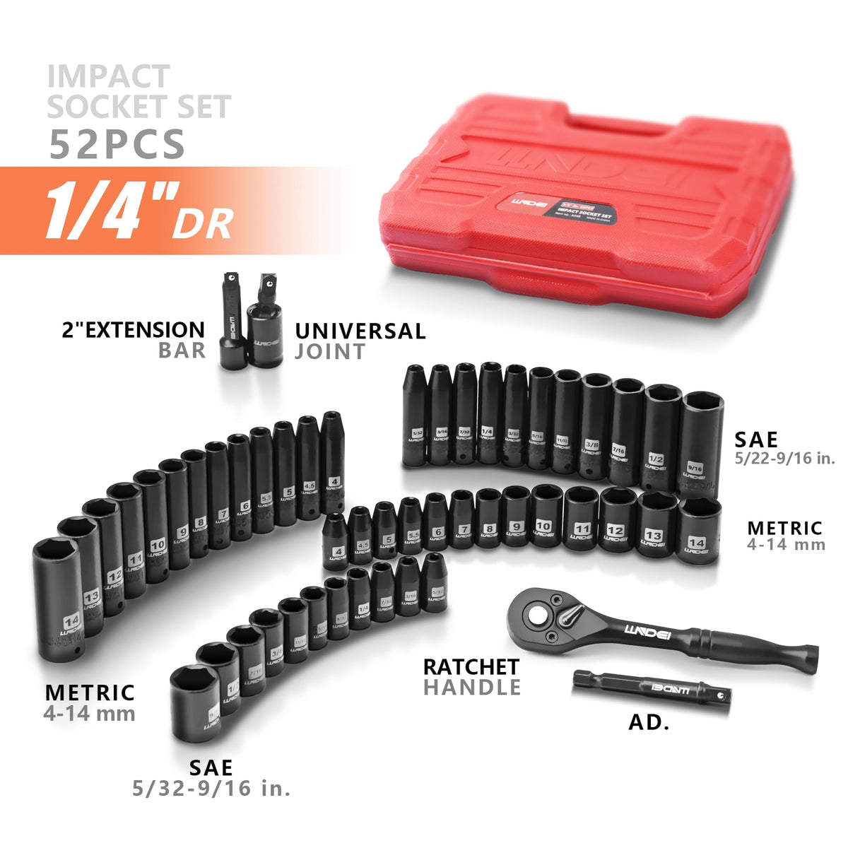 1/4" Drive Impact Socket Set, 52Pcs Ratchet Wrench Set, Metric and SAE
