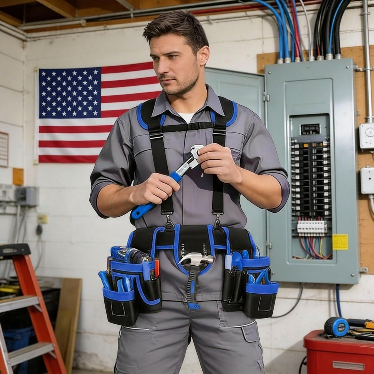 Magnetic Tool Belt, Heavy Duty Tool Pouch for men Magnet Holster Nail Utility Toolbelt Adjustable Waist Holder for Handyman Contractor (26 pockets with suspenders) (Blue)