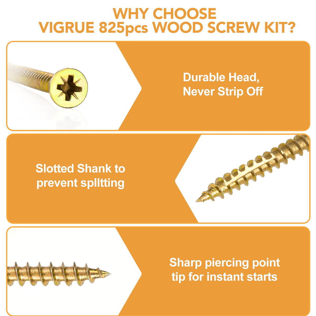 VIGRUE 825PCS Wood Screws #6#8#10 Phillips Flat Head Self Tapping Screws