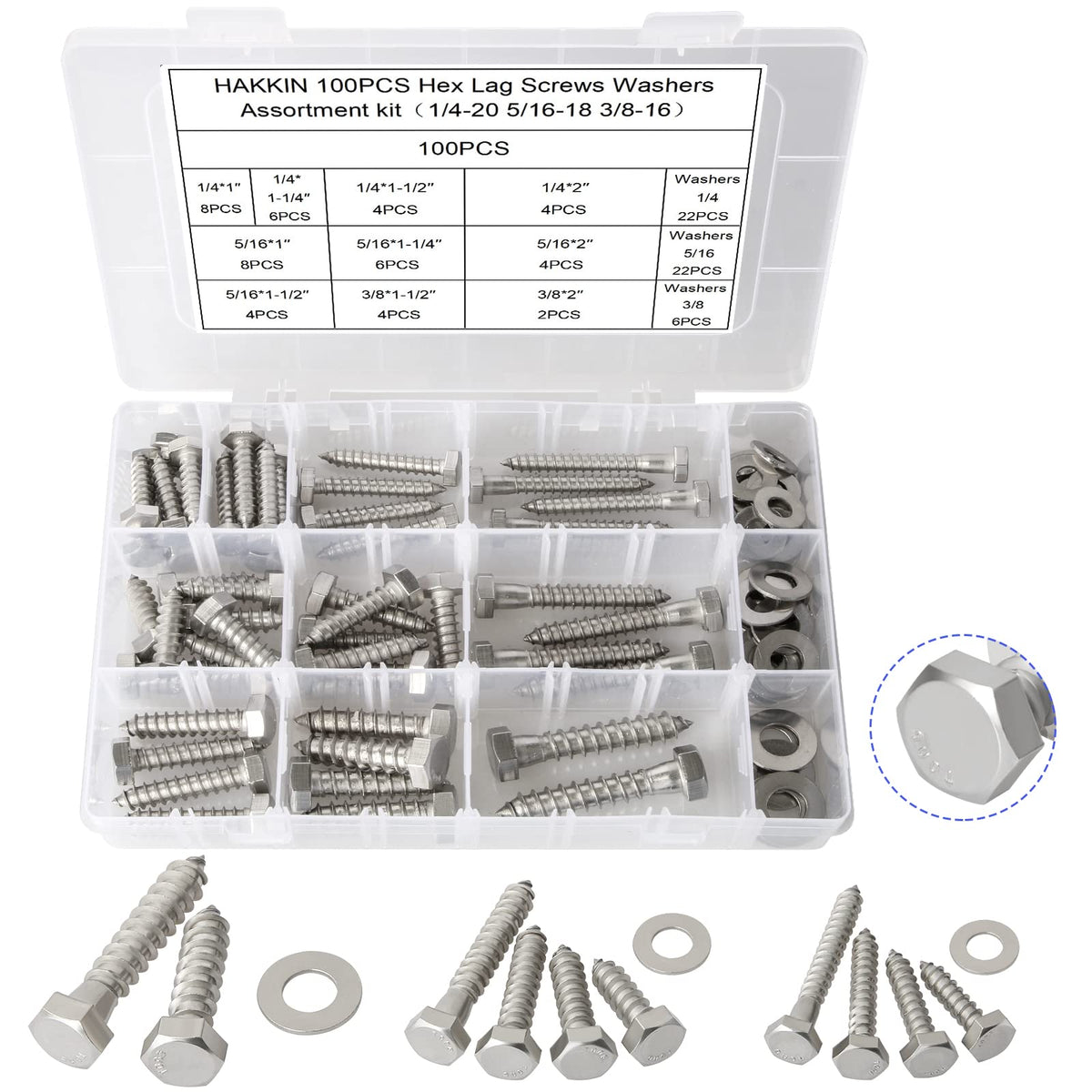 Hakkin 100PCS 1/4" 5/16" 3/8" Hex Lag Bolts Screws Washer Assortment Kit, Hexagon Head Lag Screws 304 Stainless Steel,Heavy Duty Wood Screws Assortment Kit Length Include 1" 1-1/4" 1-1/2" 2"