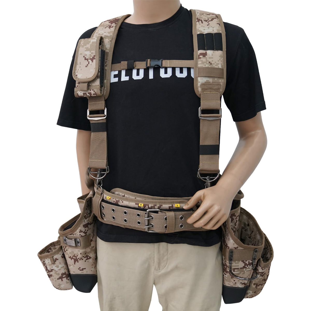 MELOTOUGH Camo Tool Belt with Suspenders Camouflage Tool Pouch Supenders Framers Combo Apron Tool Belt Construction Tool Bag Suspenders Heavy Duty Carpenter Suspension Rig for Electrician(Kahki Camo)