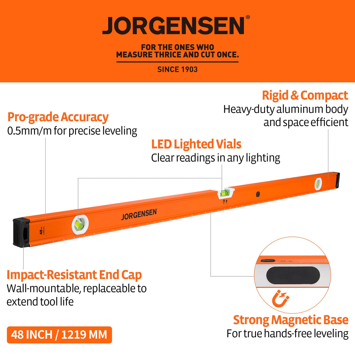JORGENSEN 48" Magnetic LED Box Level, 45°/90°/180° Bubble Long Leveler Tool