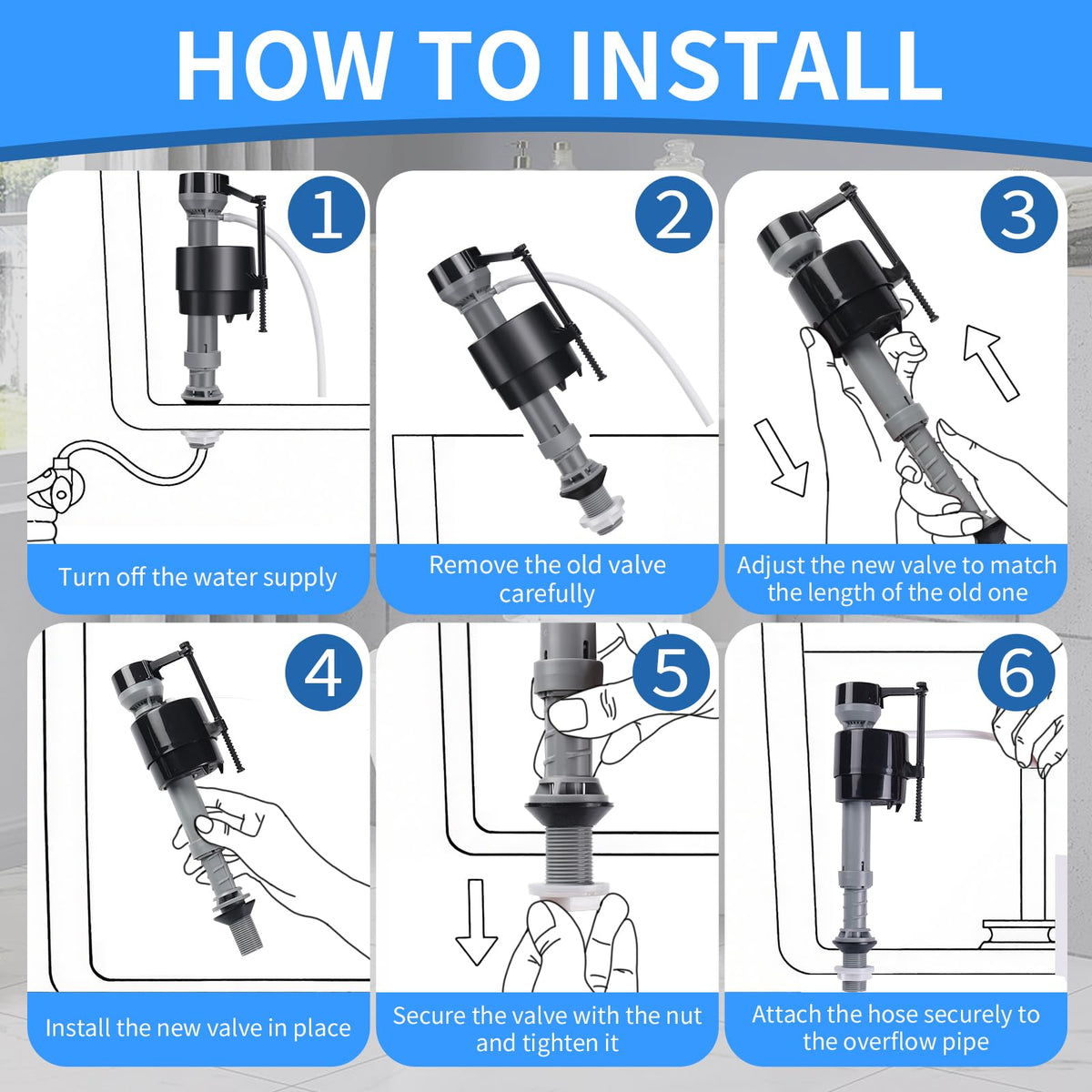 4 Pieces Adjustable Toilet Fill Valve Replacement Kit with Gloves, Quiet Toilet Flush Valve for Tank and Bowl, Universal Toilet Valve Replacement Set (8–13 in, G15/16")
