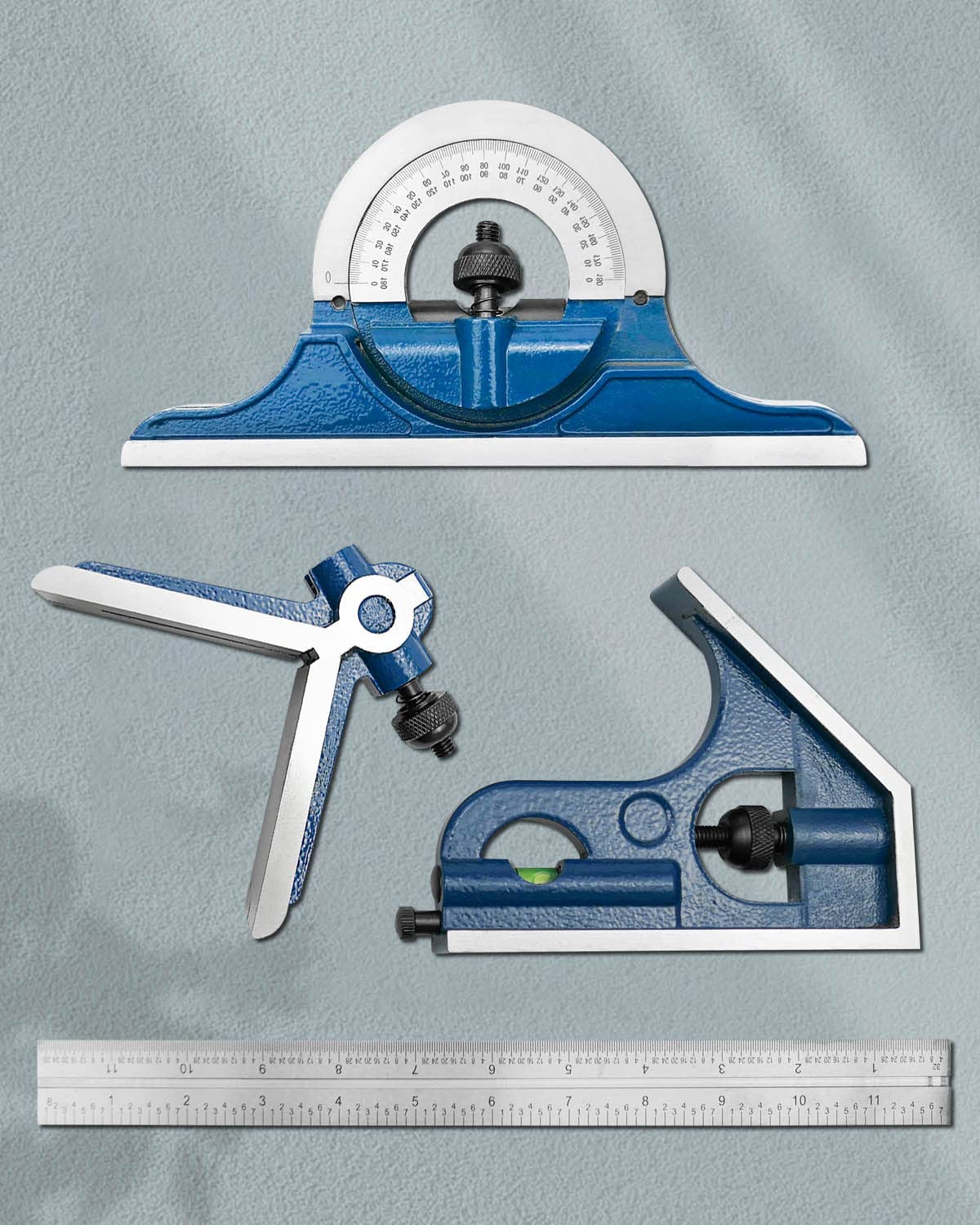 4PCS 12 Inch Combination Square Ruler Set Protractor Satin, 4-R Graduation