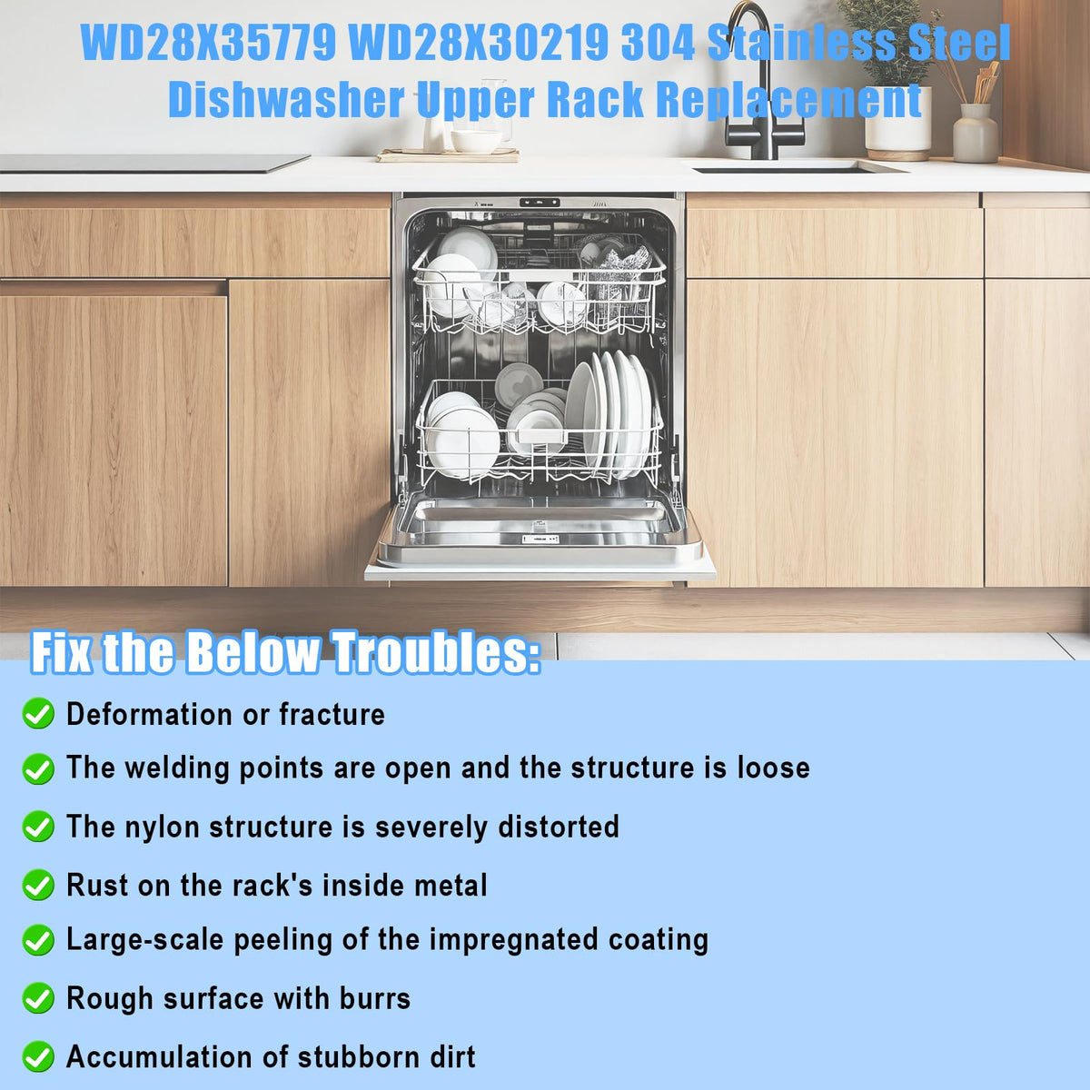 Upgraded 304 Stainless Steel WD28X35779 WD28X30219 Dishwasher Upper Rack Replacement for GE Dishwasher Rack Parts Hotpoint Models ADT521PGF0BS ADT521PGF0WS with WD12X22801 Wheels
