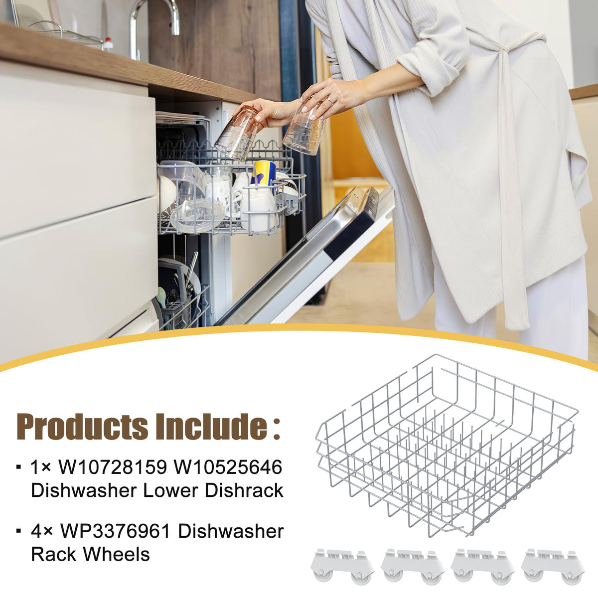 UPGRADED W10728159 W10525646 Dishwasher Lower Rack Replacement Compatible with Whirlpool Dishwasher Rack, Replace W10315890 W10078180 Kitchenaid Kenmore Elite Dishwasher Bottom Rack & WP3376961 wheels