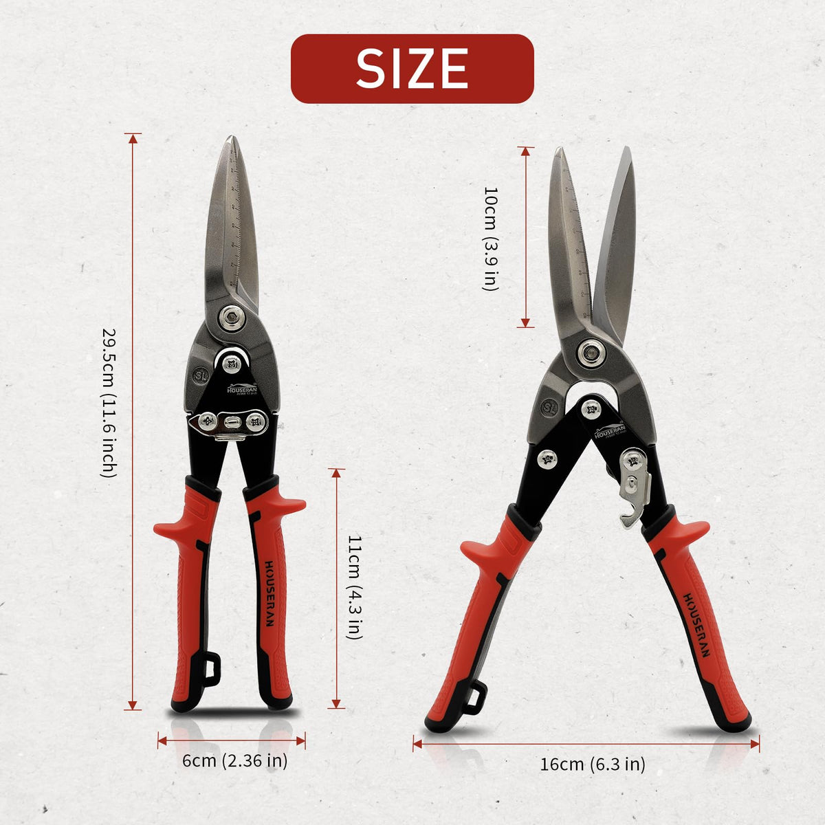 HOUSERAN 12 Inch Aviation Snips, Long Straight Cut Tin Snips, Heavy Duty CR-MO Metal Cutters with Double Lever, Scale Markings & Safety Lock, Shears Scissors for Cutting Metal Sheet