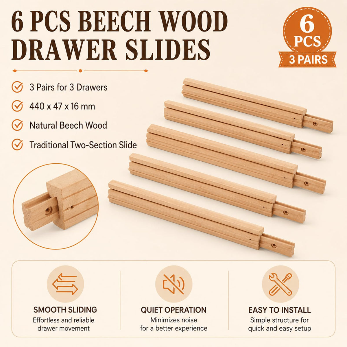 CYEAH 6 Pcs Wood Drawer Slides, 17 inch Wooden Drawer Slides, Wooden Undermount Drawer Slide Classic Guide Center Mount Track, Drawer Glide Rails Replacement Part