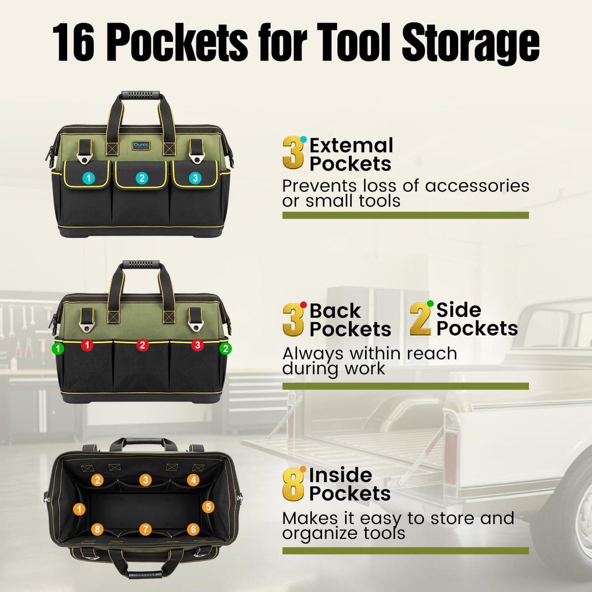 18 Inch Heavy Duty Tool Bag, 16-Pocket Portable Tool Box Organizer