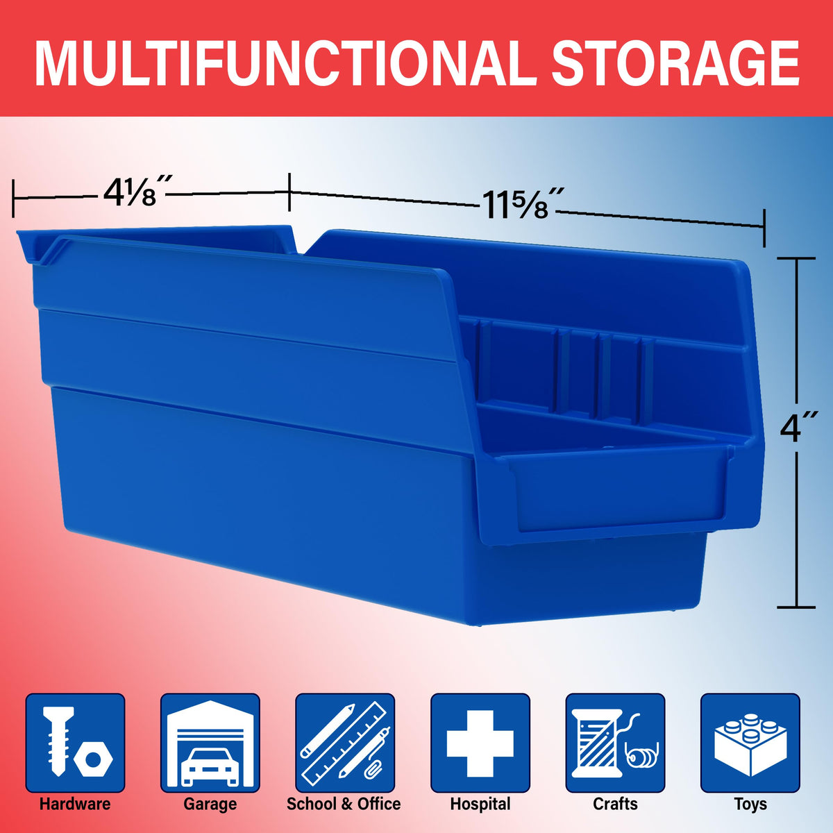 Akro-Mils 30120 Heavy Duty Plastic Shelf Bins, 12"x 4"x 4", Blue, 24-Pack