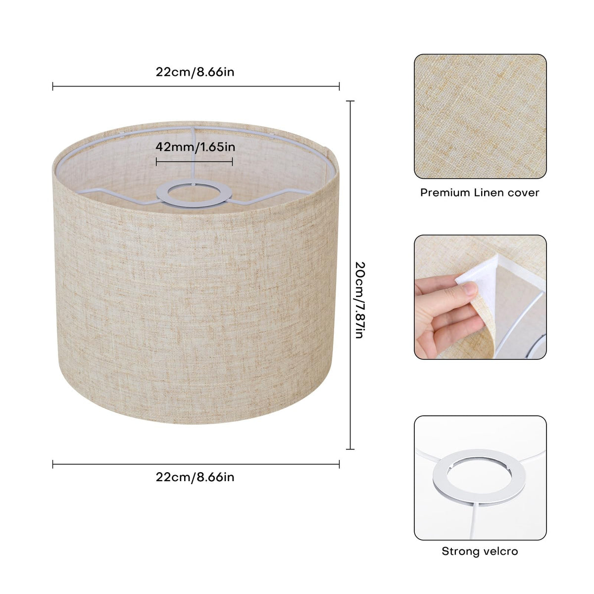 Beige Linen Small Drum Lampshade, 8.66" Top x 8.66" Bottom x 7.87" High Lamp Shade, Lamp Shade Replacement for Table and Floor Lamps, Pendant Light, Handcrafted Lampshade, Easy Assembly
