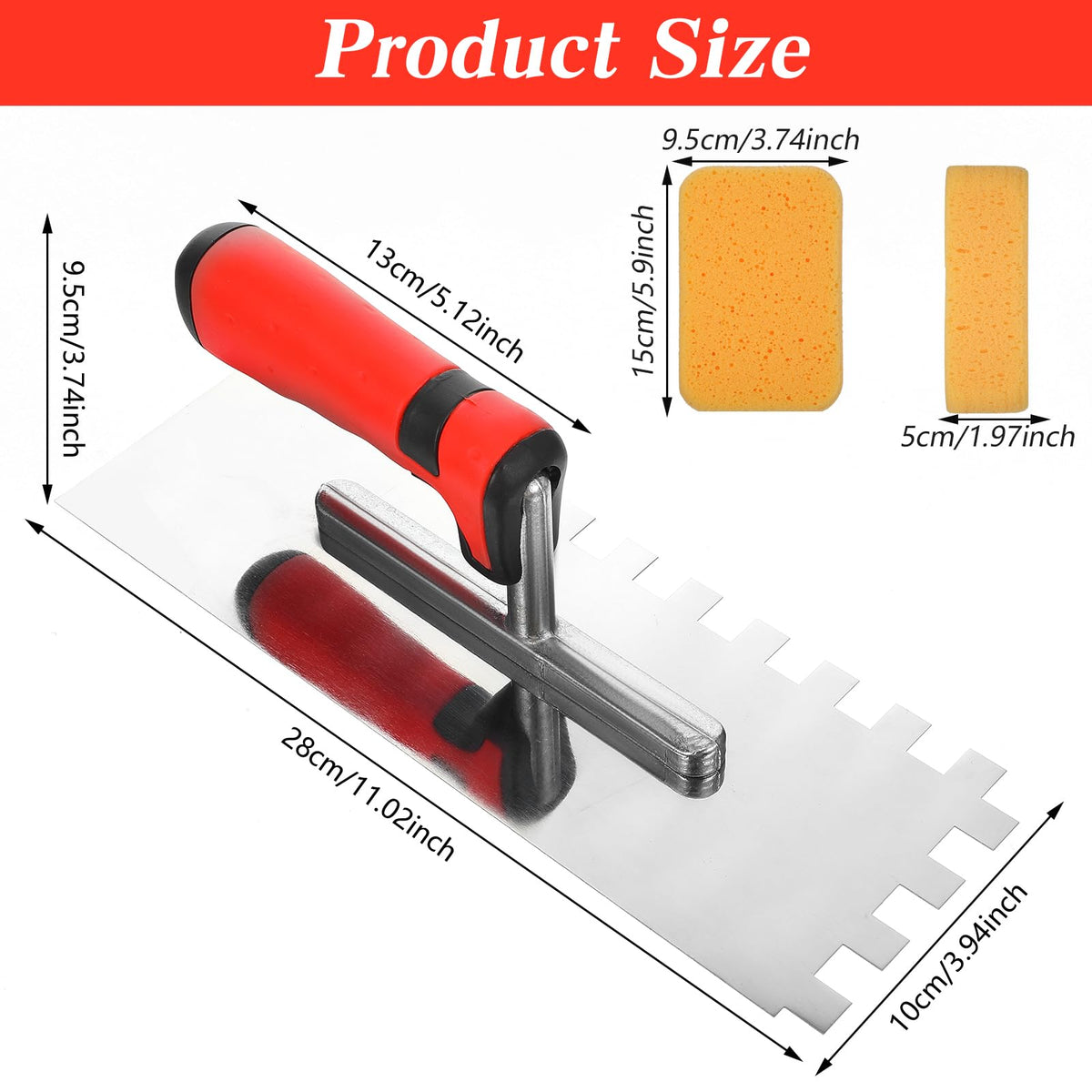 6 Pcs Tile Trowel Tools Set Include 3 Pcs Stainless Steel Square Notch Trowel, 1 Rubber Grout Float and 2 Grout Sponge for Masonry Tiling Tools and Flooring Installation