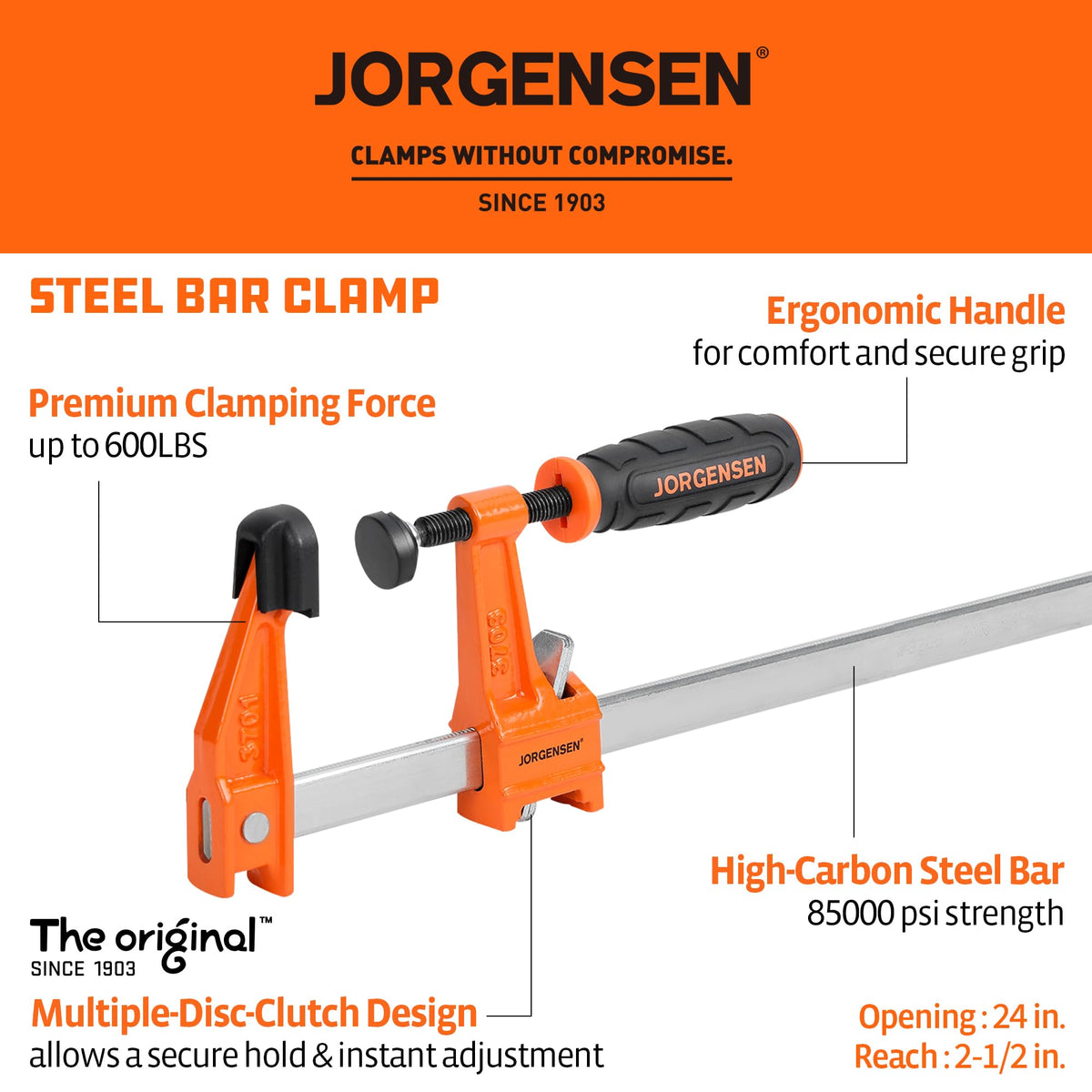 Jorgensen 24" Medium-Duty Steel Bar Clamp Set, 600 lbs Load Limit, 2-Pack