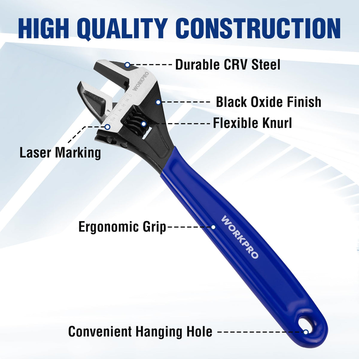 WORKPRO 5 PCS Adjustable Wrench Set, 4", 6", 8", 10" 12" Wide Jaw Wrenches