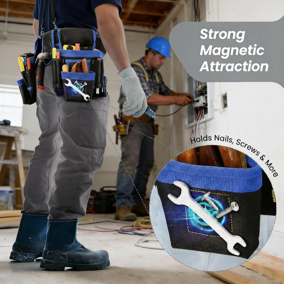 Magnetic Tool Belt, Heavy Duty Tool Pouch for men Magnet Holster Nail Utility Toolbelt Adjustable Waist Holder for Handyman Contractor (26 pockets with suspenders) (Blue)
