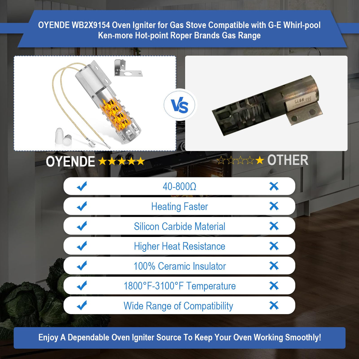 WB2X9154 Gas Range Oven Igniter for G-E XL44 Oven Igniter, for G-E Oven Igniter, Round for G-E Gas Oven Igniter Replacement WB13K10027 WB13K3 WB13K4 4342528 AP2014008 GR403 Etc,120V Model Specific.