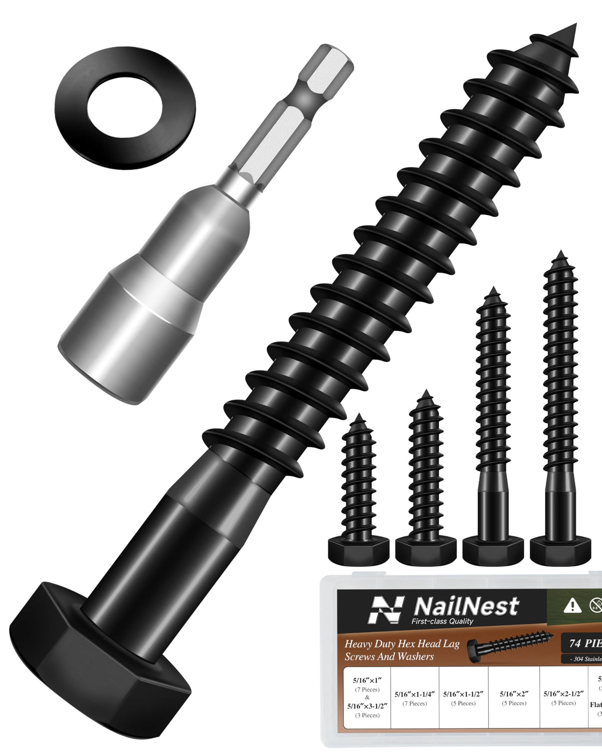 Nailnest 74-Pack 5/16 Hex Head Lag Screws Bolts Assortment Kit with Flat Washers, Black Oxided 304 Stainless Steel 18-8 Heavy Duty 5/16" Lag Bolts for Wood with Hex Socket