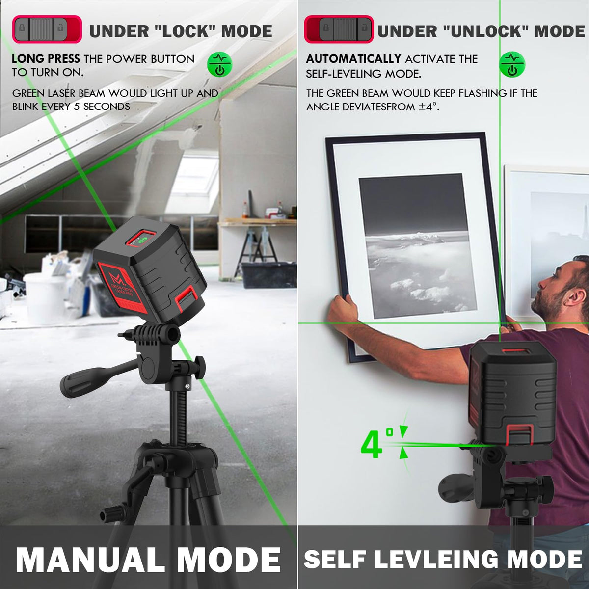 Motovera Self Leveling Laser Level 100ft, Green Cross Line with Tripod, 4 Brightness Modes & Pulse Function, Manual & Self-Leveling Modes, IP54 Waterproof for Picture Hanging, Tile, DIY Construction