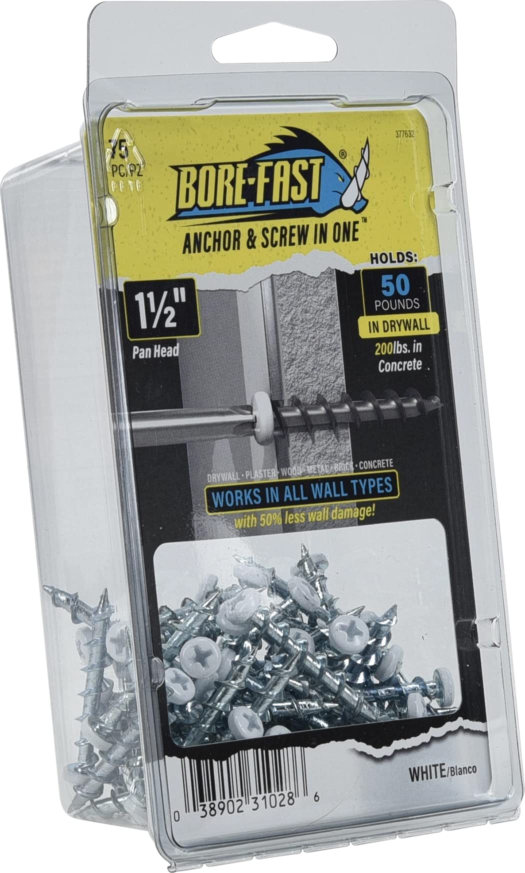 Hillman Borefast Drywall Anchors, 1-1/2in Pan Head, 75 Pack, White
