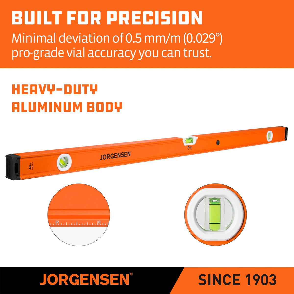 JORGENSEN 48" Magnetic LED Box Level, 45°/90°/180° Bubble Long Leveler Tool