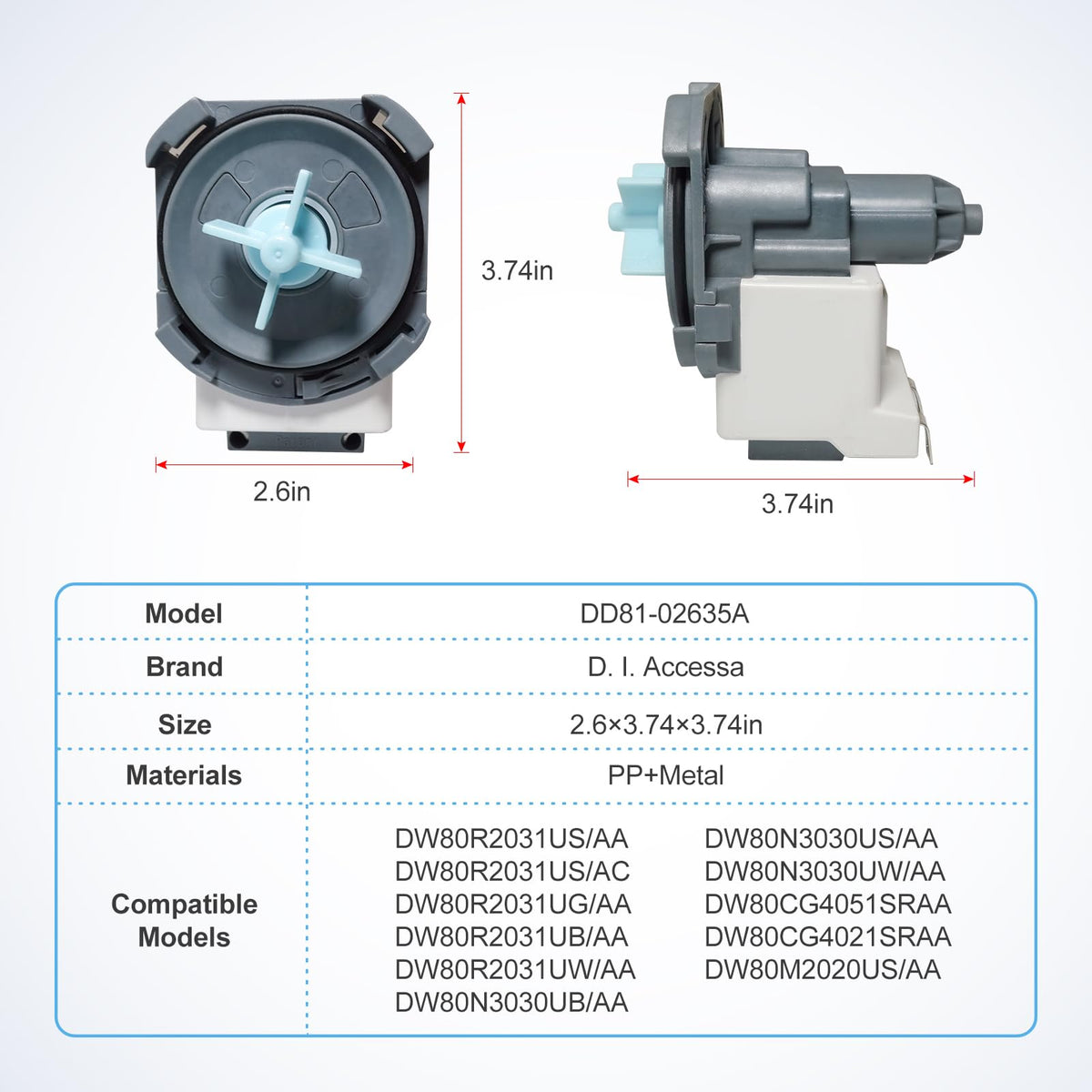 DD81-02635A B20-3A01 Dishwasher Drain Pump Assembl
