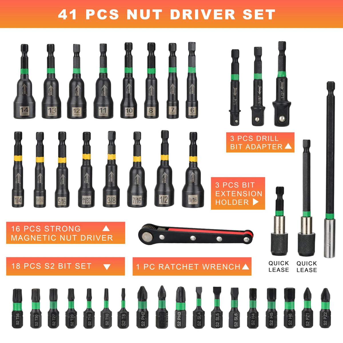 AEROFORCE 41 PCS Magnetic Nut Driver Set, Impact Drill Driver Bit 1/4" Hex Shank, SAE & Metric Cr-V Steel Power Nut Drivers with Quick-release Extensions, Impact Socket Adapters, Bit Holder