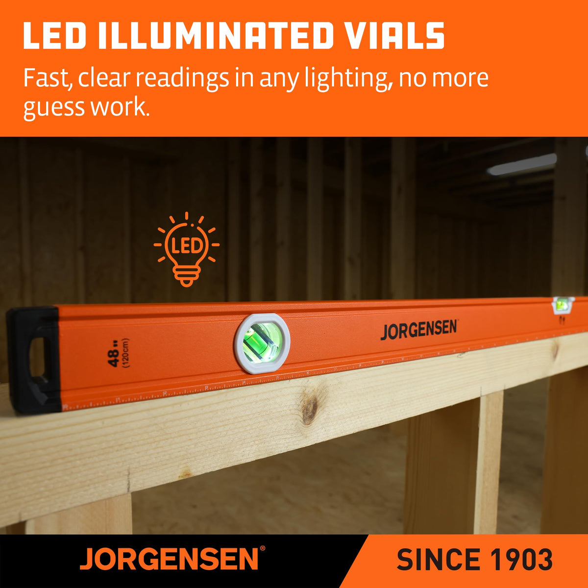 JORGENSEN 48" Magnetic LED Box Level, 45°/90°/180° Bubble Long Leveler Tool