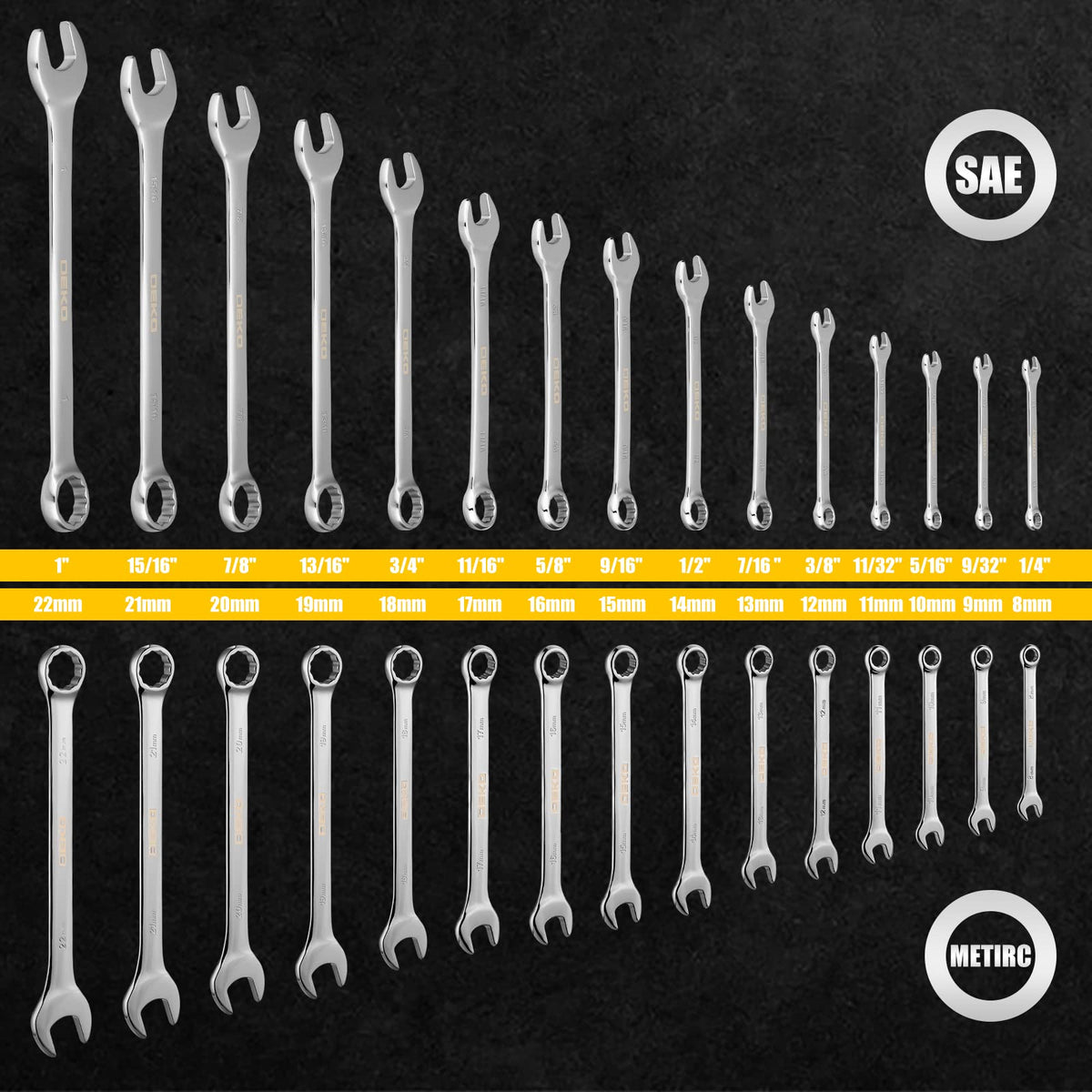 DEKOPRO Combination Wrench Set, SAE&Metric, 30-piece, 1/4'' to 1'' & 8-22mm, 12-Point, Chrome Vanadium Steel, with Plastic Tray