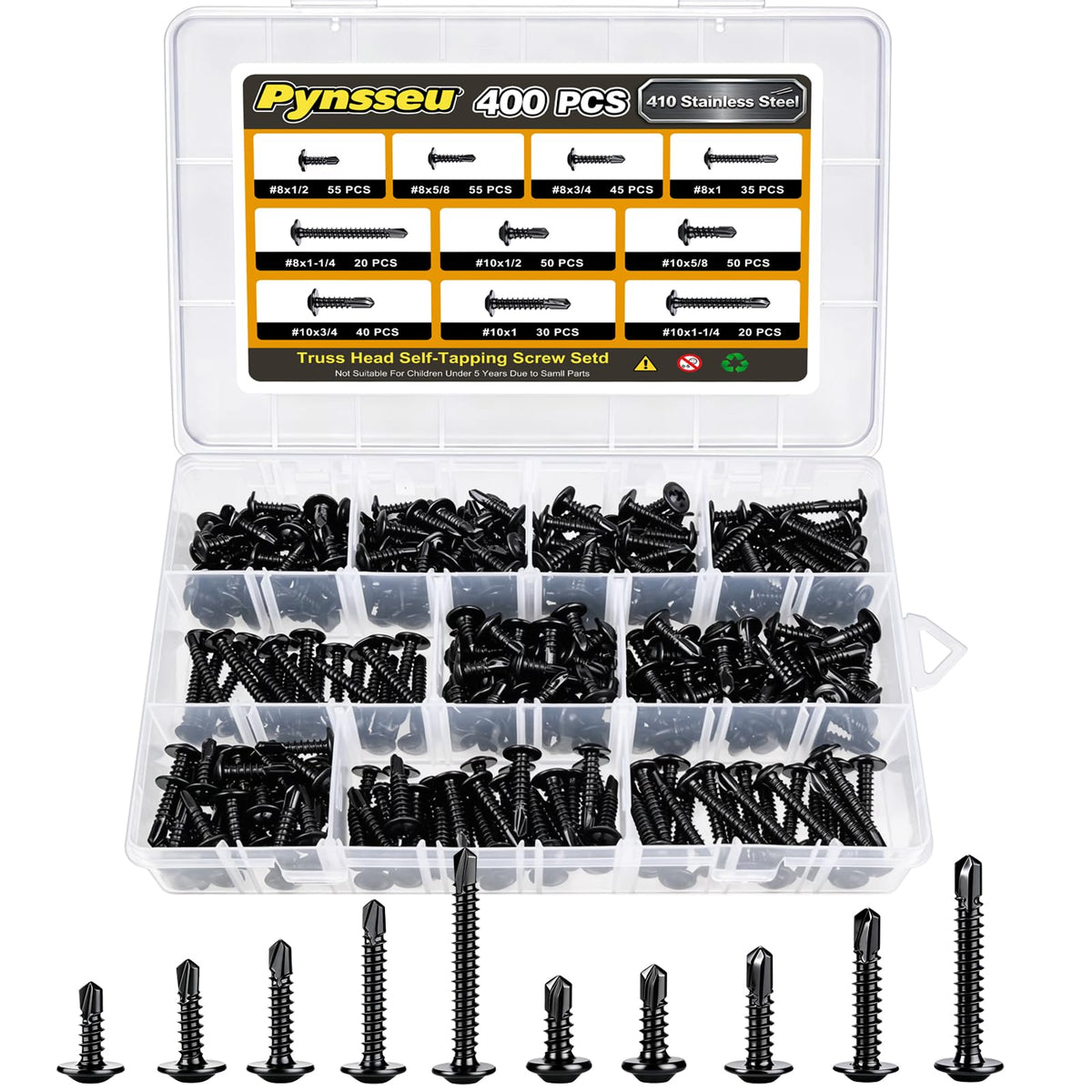 Pynsseu 400PCS #8#10 Self Tapping Screws Set for Metal,410 Stainless Steel