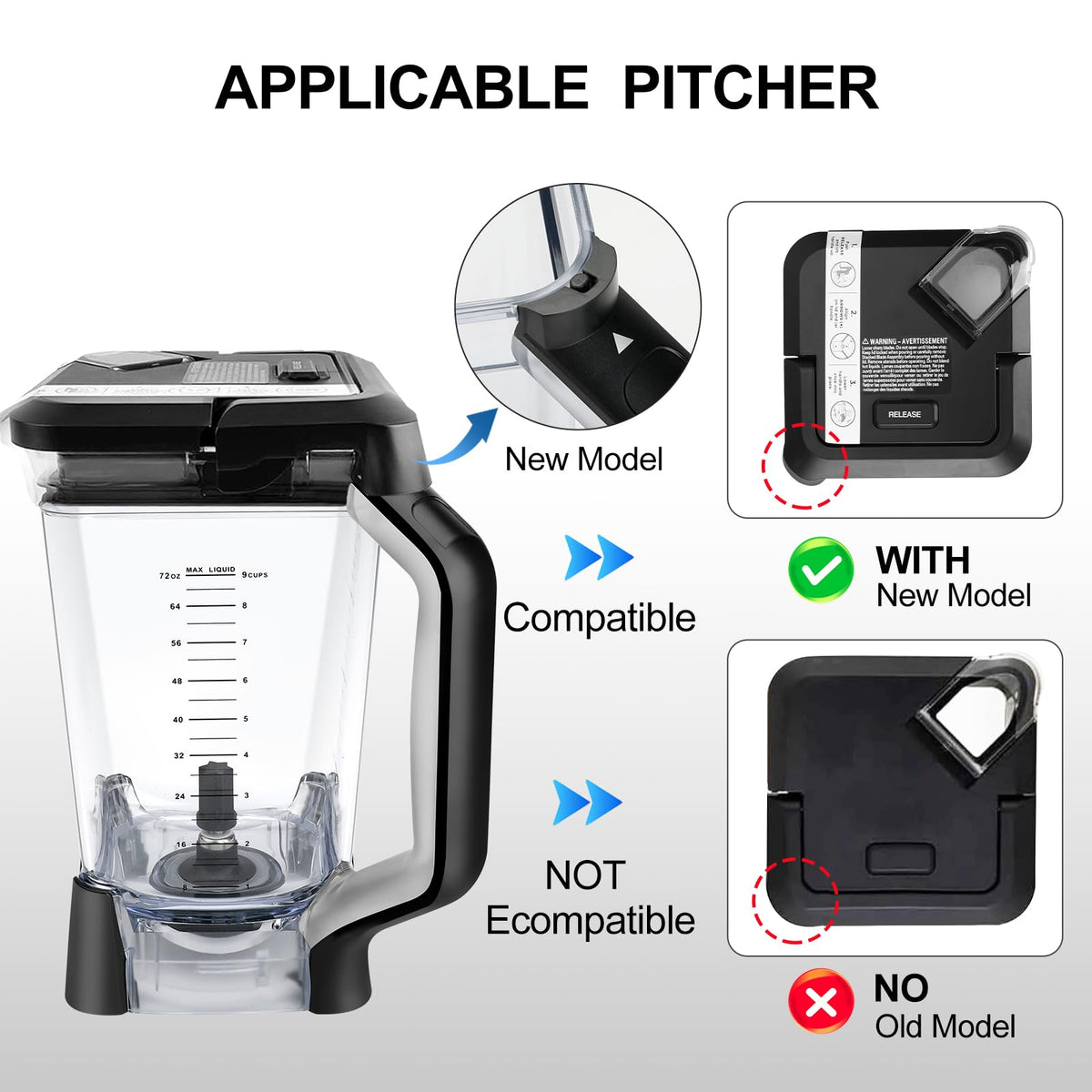 Replacement Pitcher for Ninja Blender 72OZ XL Cups Replacement, Replacement Parts Accessories Vaso de Licuadora Ninja for Blender BL610, BL610BRN, BL610C, BL710WM, CO610B, CO650B, CT610 ect.