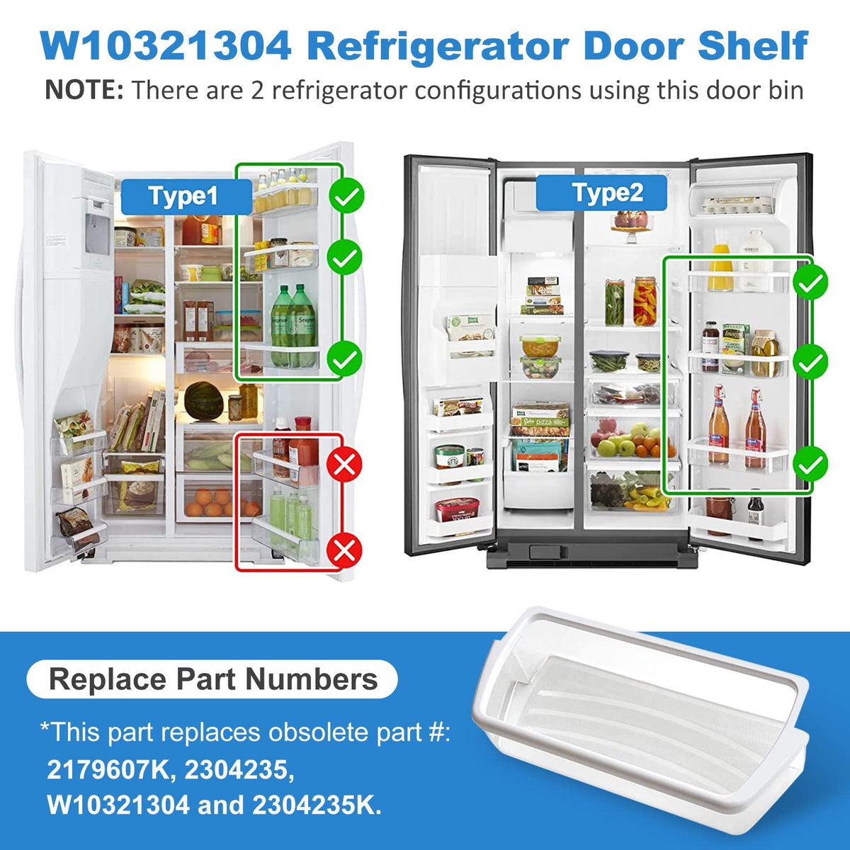 2 PACK Upgraded W10321304 Refrigerator Door Shelf Replacement Compatible with Whirlpool Fridge Door Bin WRS325FDAM01 WRS325FDAM02 WRS325FDAM04 ED5FVGXWS07 - Replace WPW10321304 AP6019471 2179574
