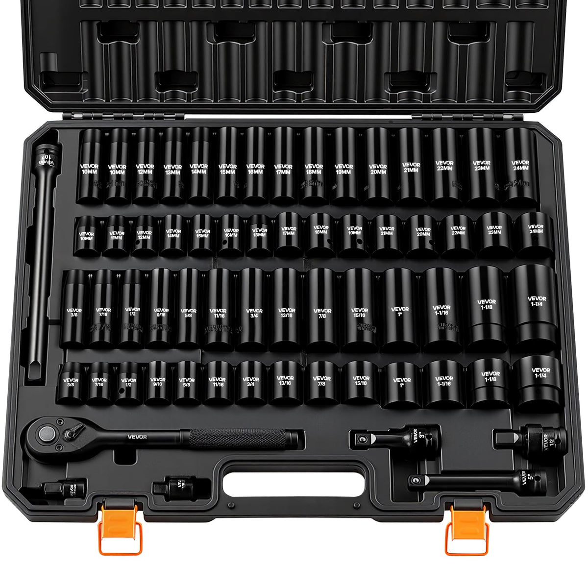 VEVOR 1/2" Drive Impact Socket Set, 65 Piece Socket Set SAE 3/8" to 1-1/4" and Metric 10-24mm, 6 Point Cr-V Alloy Steel for Auto Repair, Rugged Construction, Easy-to-Read Size Markings, Storage Case