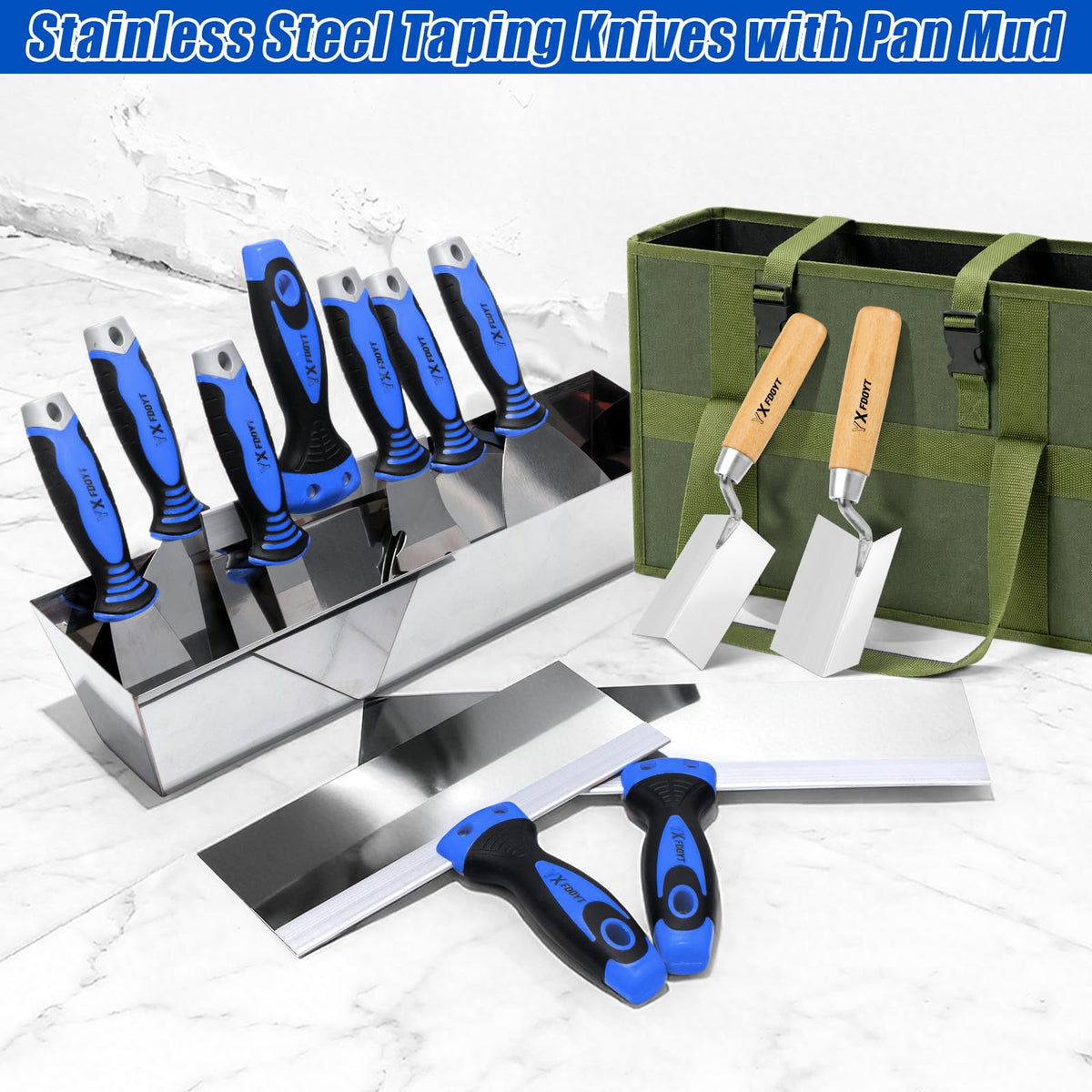 YXFDOYT 16Pcs Drywall Knife Set with 14"Drywall Mud Pan & Bag, Blue