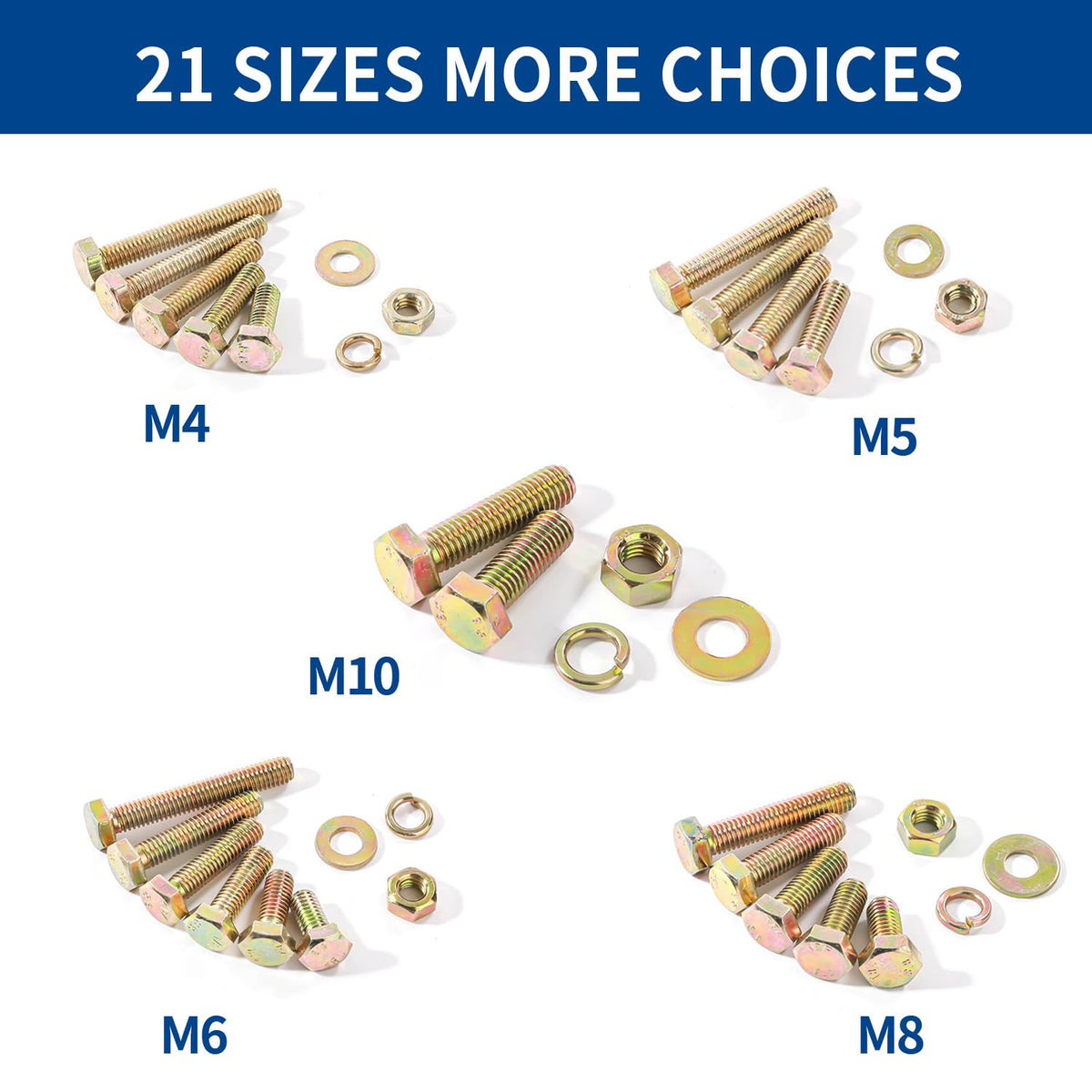 1100cs Grade 8.8 Metric Bolts and Nuts Assortment Kit, M4, M5, M6, M8, M10 Heavy Duty Hex Bolts and Nuts Kit, Assorted Nuts, Bolts, Flat & Lock Washers, Yellow Zinc Plated, Length from 12-40 mm