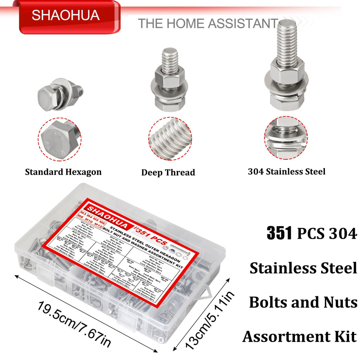 SHAOHUA M3/M4/M5/M6/M8/M10/M12 Metric Bolt Assortment Kit, 304 Stainless Steel Heavy Duty Flat Hex Head Screws Bolts and Nuts Kit, Nuts Flat Gasket and Lock Washers Assortment Ki, Silver, 351Pcs