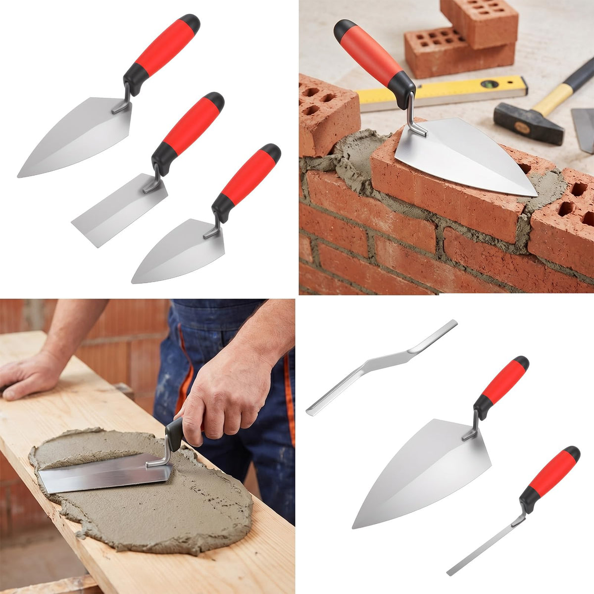 Kuyeyzu 6 Pcs Masonry Hand Tools Set Includes 11" Brick Trowel, 2 Pointing Trowels, 5" Margin Tool, 11.5" Tuck Pointing Tool, and 5/8" x 1/2" Convex Brick Jointer