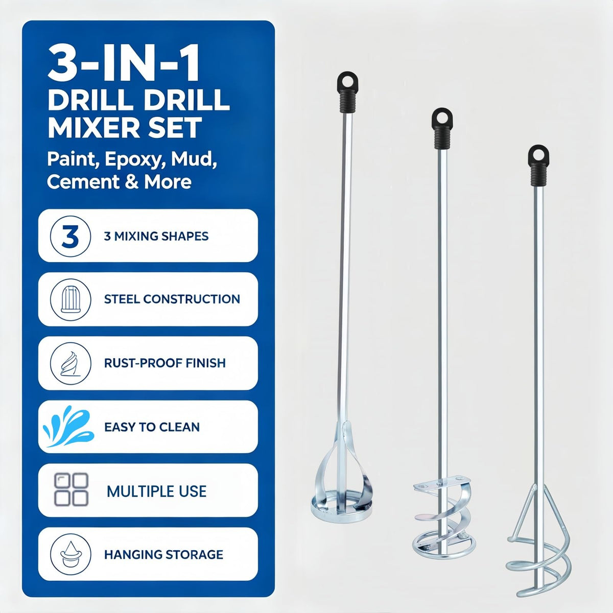 Paint Mixer for Drill 3 Pack, 15.7" Steel Epoxy Resin Mud Paddle Set