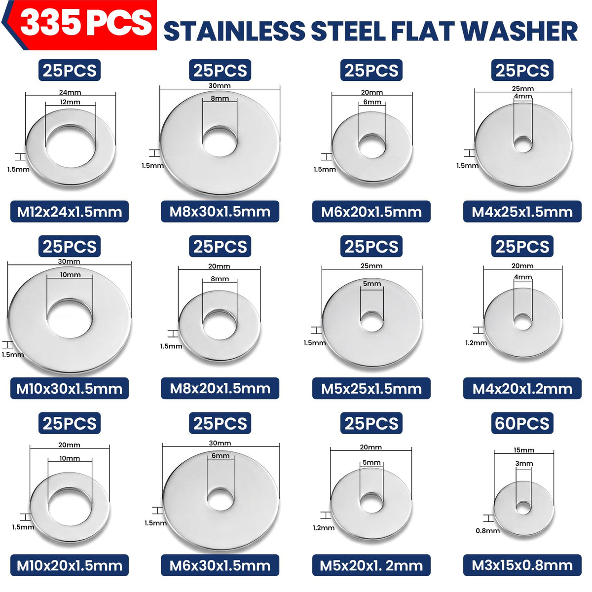 335 Pcs 304 Stainless Steel Flat Washers, 12 Sizes M3-M12 Flat Washers Set