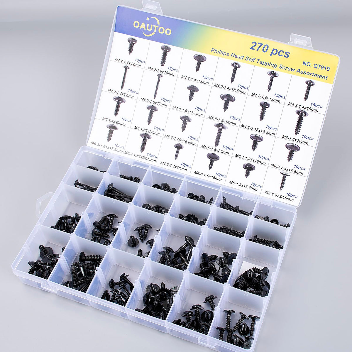 OAUTOO 270pcs Automotive Body Screw Phillips Head Self Tapping Screw Washer Head Screws Assortment Kit #8#10#12#14