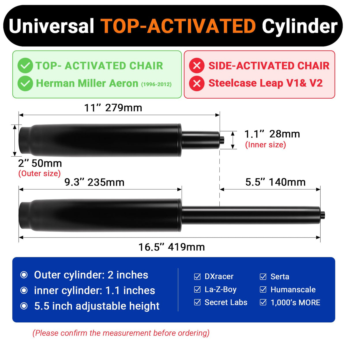 11-16.5 Inches Office Chair Gas Cylinder Replacement Kit, TOP-ACTIVATED