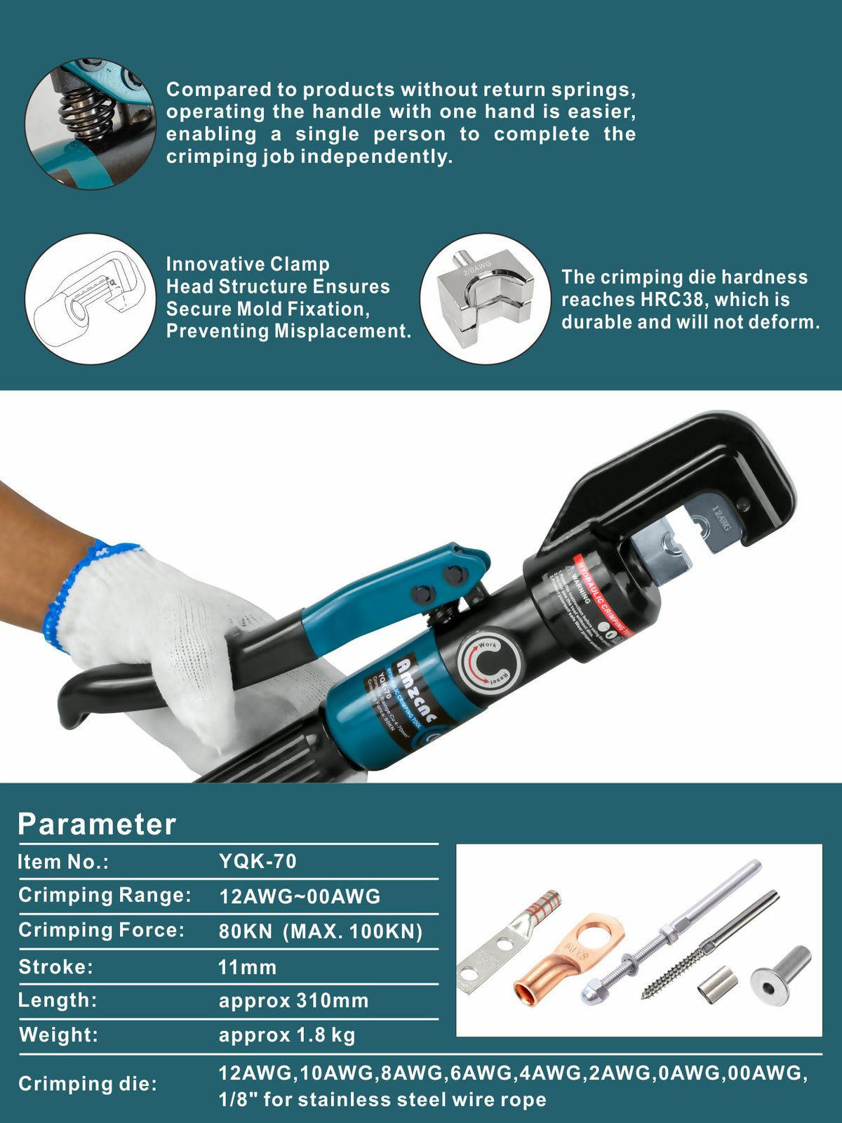 10 Ton Hydraulic Battery Cable Crimper – Single-Hand Return, 9 Hex Dies for 12-2/0 AWG, 180° Rotating Head, Pro Terminal Tool for Car/RV/Marine Power