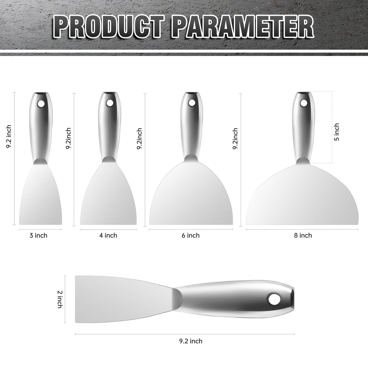Fishark Putty Knife Set, 2" 3" 4" 6" 8" All-Stainless Steel Scraper, 5Pcs