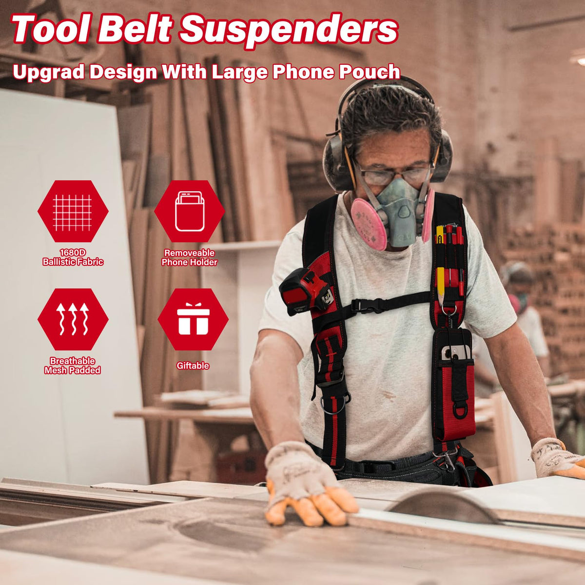 MELOTOUGH Tool Belt Suspenders Tool Bag Suspenders Padded Construction Work Belt Suspenders for Carpenter/Electrician/Roofing/Framers work Suspension Rig(Red)