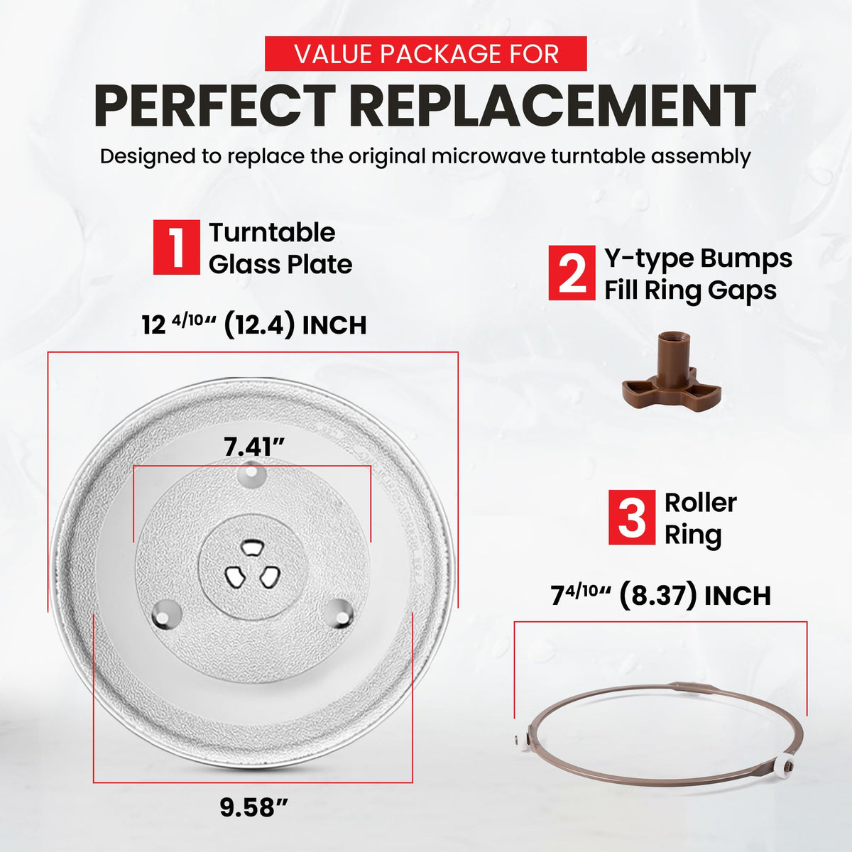 12.4" Toshiba Microwave Turntable Glass Plate + Roller Ring + Coupler Feet Kit – Replacement for EM131A5C-BS / EM131A5C-SS / ML2-EC10SA(BS) / ML-EM45PIT(BS), Panasonic, Emerson & Frigidaire Microwaves