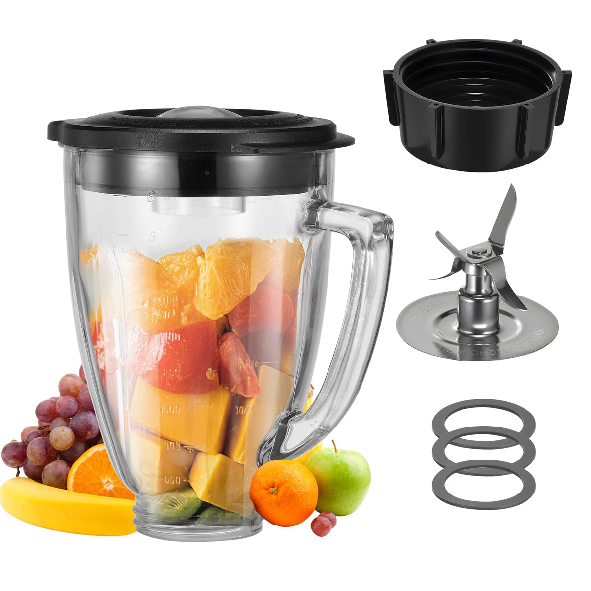 6 Cup Blender Glass Jar with Blade，Including 1 glass jar with lid 1 4fins blade 1 blender jar base 3pcs seal gasket. Replacement Parts for Oster Osterizer (NOT fit Pro, Master or Versa models)