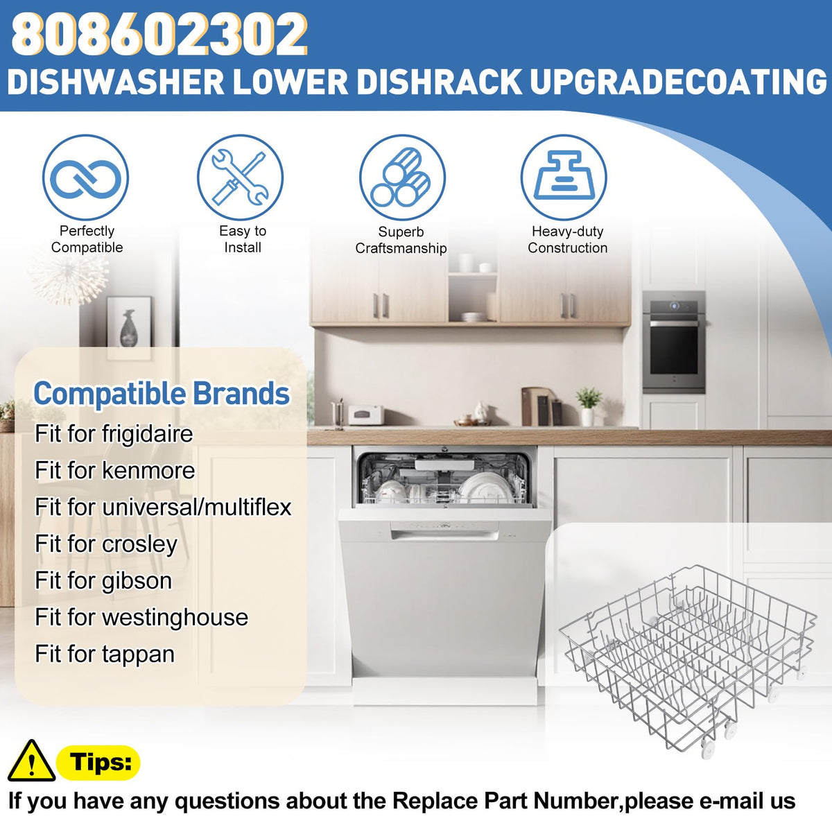 808602302 Dishwasher Lower Rack Replacement for frigidaire dishwasher