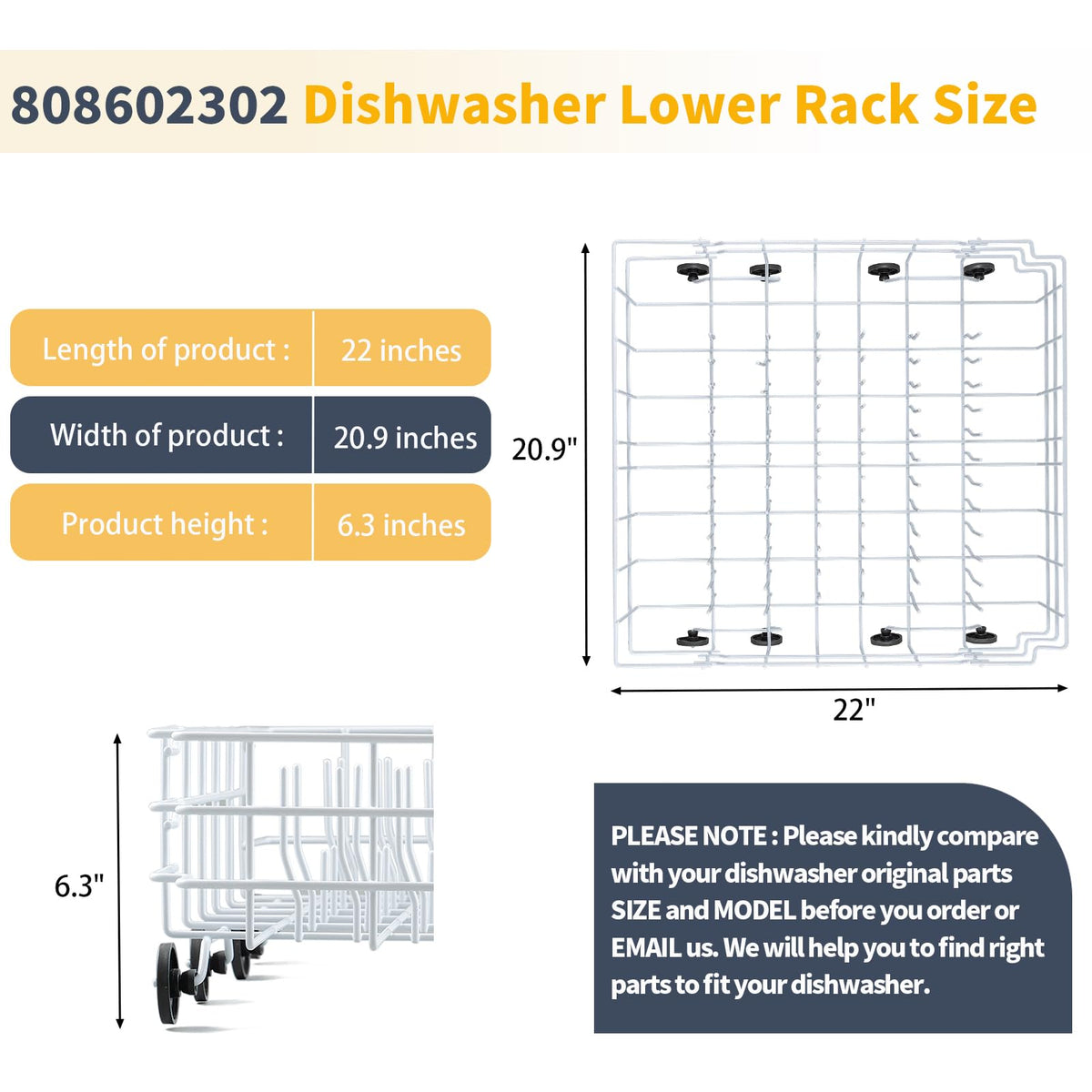 Allstare 808602302 Dishwasher Lower Rack Replacement for Frigidaire Kenmore Dishwasher Parts Lower Dishrack Assembly with 154174501 Wheels 154432602 FDB1050REB0 Dishwasher Bottom Rack -22" x 20.9"