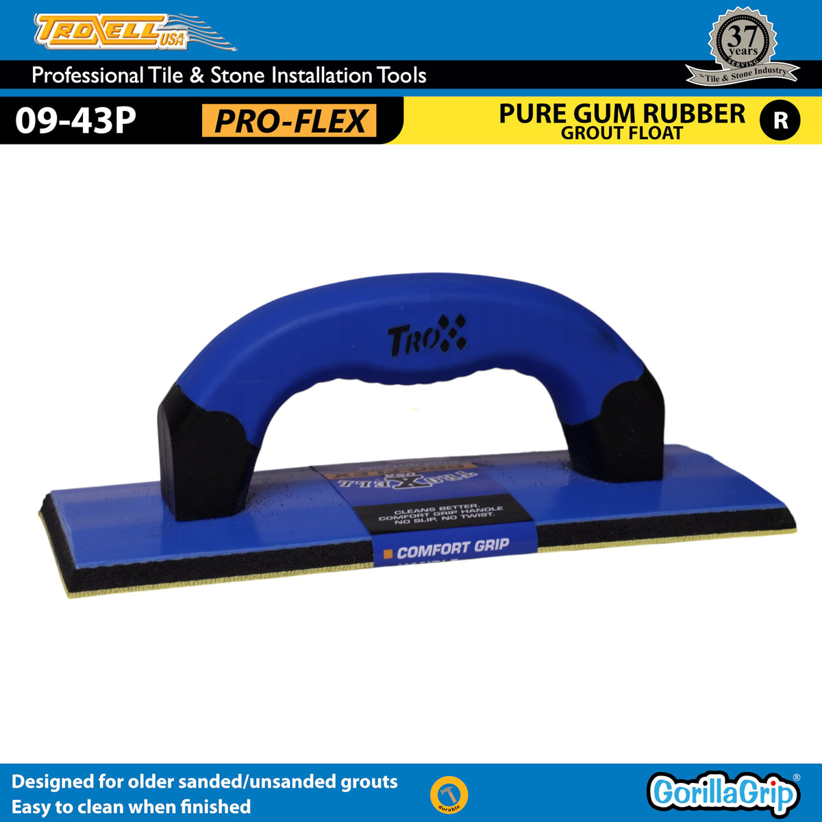 Troxell USA - 4" x 9" Gum Rubber Grout Float with SoftGrip Handle