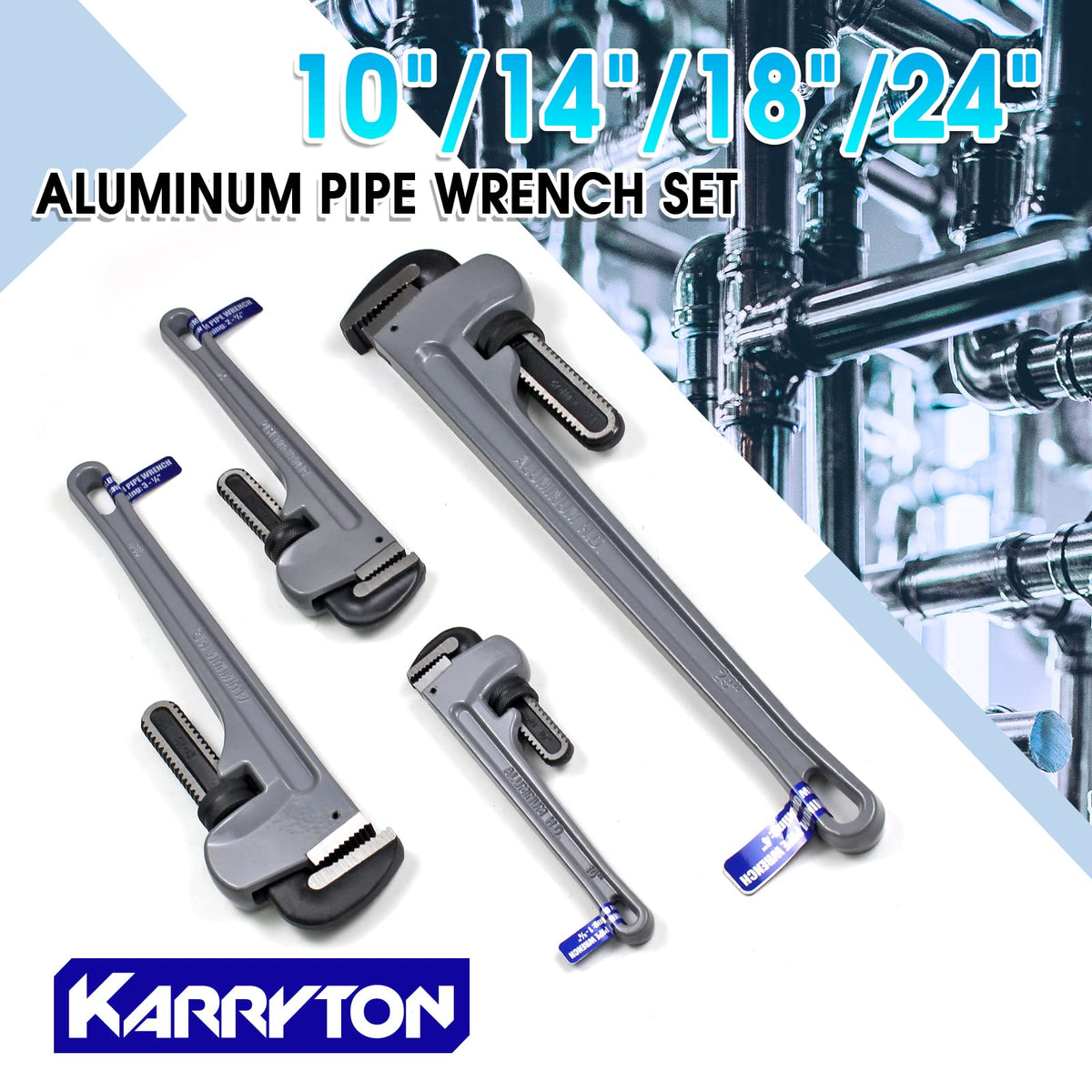 KARRYTON Aluminum Pipe Wrench Set, 10" 14" 18" 24"(4 Pack) Adjustable Straight Handle Plumbing Wrench Set, Heavy Duty Plumbers Tool with Drop Forged Jaw,Exceed the Standard GGG